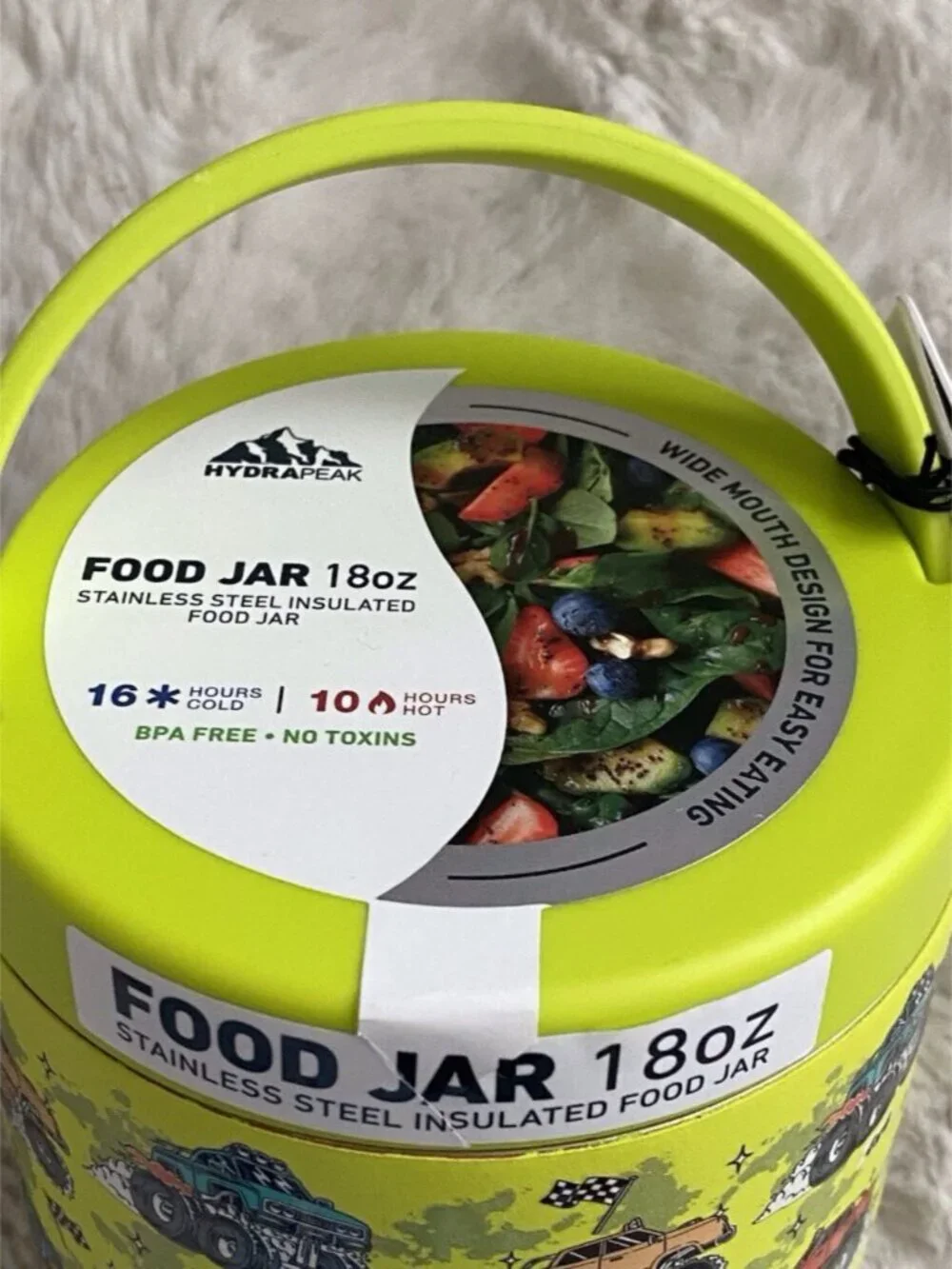 HYDRAPEAK 18 Oz Neon Green Monster Truck Food Jar Insulated Stainless Steel NEW